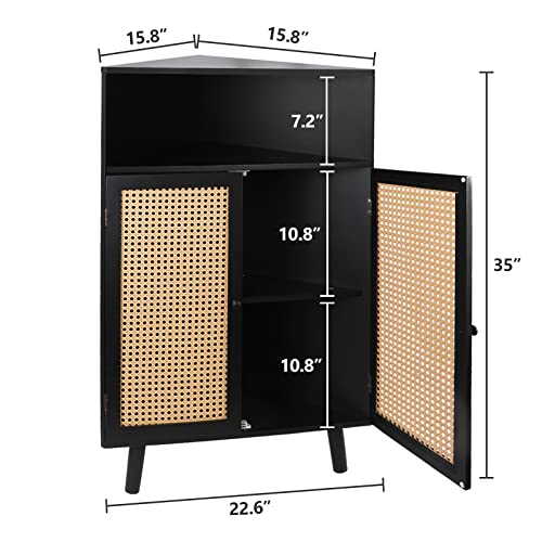 Corner Cabinet Organizer With Doors, Small Rattan Corner Table, 4-Tier Corner Bar Cabinet Freestanding Corner Tables For Small Spaces Corner Shelf Stand For Living Room Kitchen Bathroom Bedroom, Black #TOP2