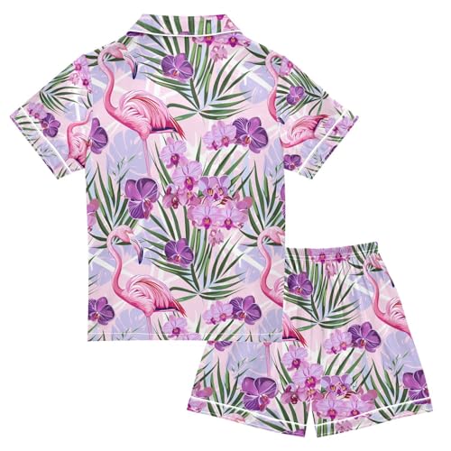 senya Rose Flower Flamingo Satin Summer Pajama Sets Silk Short Sleeve Button Down Sleepwear2