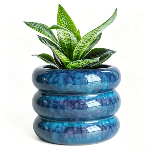SANDYBAYTAS Ceramic Plant Pot Indoor, 4.5 Inch Flower Pot with Drainage Hole, Small Bubble Design Ceramic Planter for Home & Office Decor (Peacock Blue)