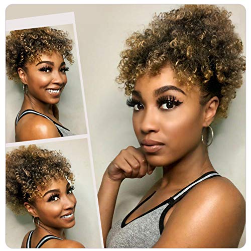 Stamped Glorious Afro Puff Drawstring Ponytail Bun with Bangs Heat Resistant Synthetic Short Kinky Curly Ponytail Updo Hair Extensions with Two Clips,Natural looking Curly Women Hairpieces (1B/27)