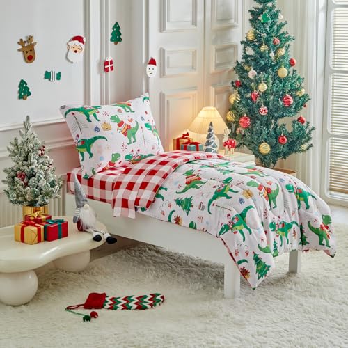 Image of Christmas Toddler Bedding Set for Boys Girls Green Dinosaur Colorful Holiday Toddler Bed Set - Soft Toddler White Bed in a Bag with Red Plaid Sheet Set and Pillow Shams