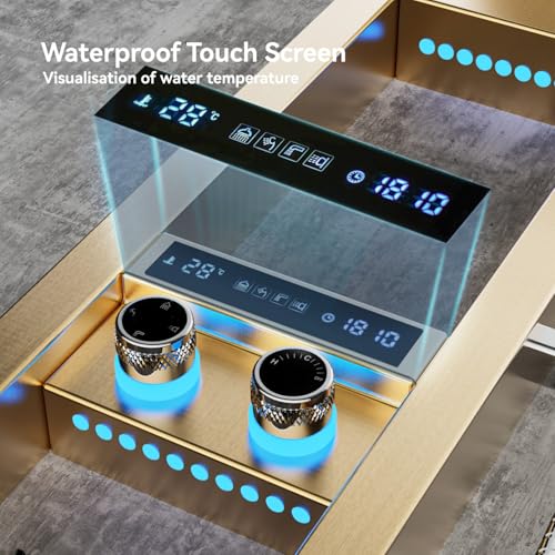 Image of ELLO&ALLO LED Rainfall Shower Head and Rain Massage System with Body Jets Stainless Steel Bathroom Shower Panel Tower System with Shelf, Brushed Gold&Chrome