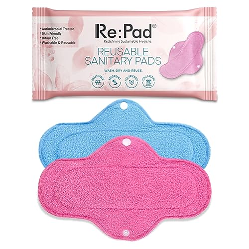 Image of Re:Pad Reusable Sanitary Pads for women, | (2 Pads for moderate flow (Pink) + 3 Pad for heavy flow (Blue) + 1 Leak Proof Sanitary Pad Pouch) | Lasts Up To 1 .5 Years | Highly Absorbent & Skin Friendly. Certified Organic Pads for women