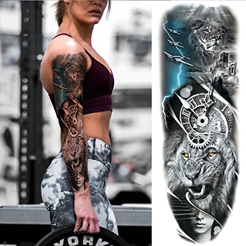 Military Temporary Tattoo Sleeves, Full Arm Large War Soldier Fake Tattoos Sleeve For Men Women Adult, Black Long Lasting Patriotic Warrior Temp Tatoo Sticker Leg Body Art Makeup, 6-Sheet #TOP6