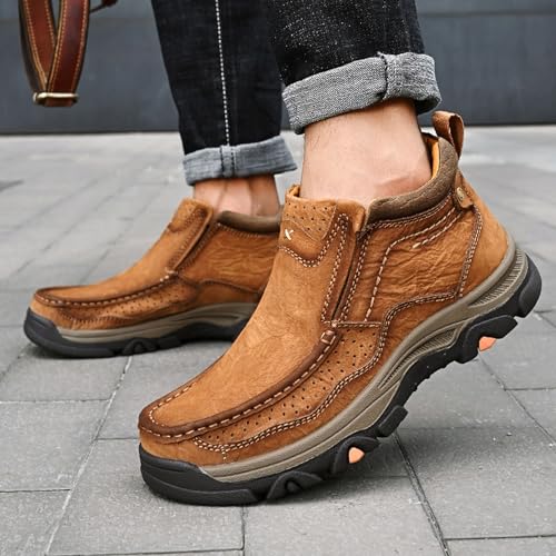 Image of MOSTELO Mens Slip On Casual Loafers Classic Outdoor Leather Walking Hiking Shoes Comfortable for Work Office Dress Outdoor High Top