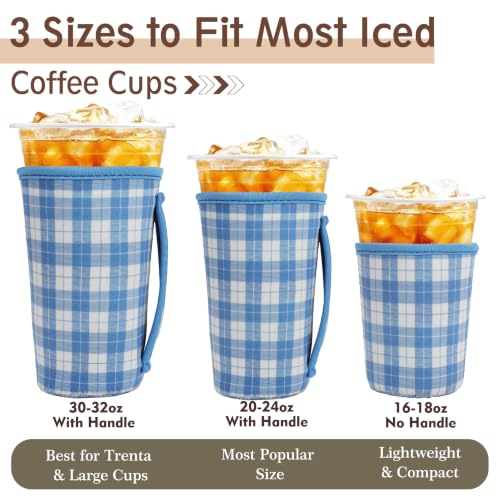 Image of KJQJLY 3 Reusable Iced Coffee Sleeves for Iced Coffee Cups or Drinks Reusable Neoprene Insulated Sleeves for Hot and Cold Drinks from Starbucks, Dunkin, And More (Preppy Blue Plaid)