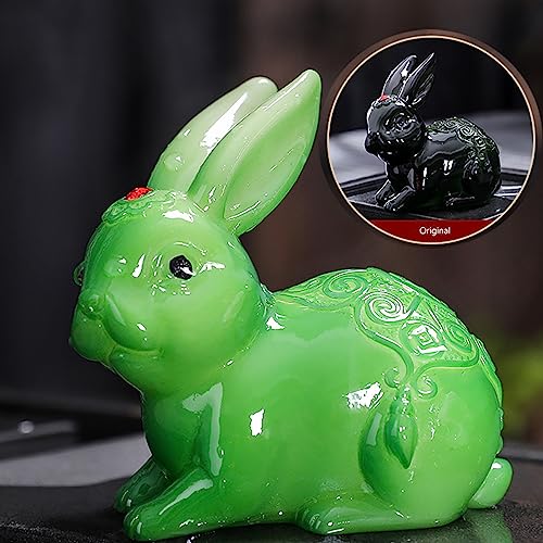 Hormsdar Color Changing Tea Pet Rabbit Cute Resin Bunny Statue Kung Fu Tea Tray Decor Tea Lover's Gift Home Office Desk Feng Shui Ornament (Green)
