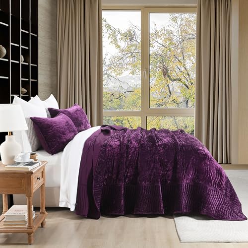 Image of Velvet Oversized King Quilt Set,Purple Bedding Set California King Comforter Set (118 inch*118 inch) with 2 Pillow Shams, Luxurious Quilt Set,All-Season 3 Pieces