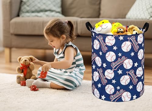 Image of Round Baseball Pattern Laundry Hamper Clothes Storage Basket Fabric Storage Hamper Organization Storage Bin, Nursery Box,Gift Basket with Handles