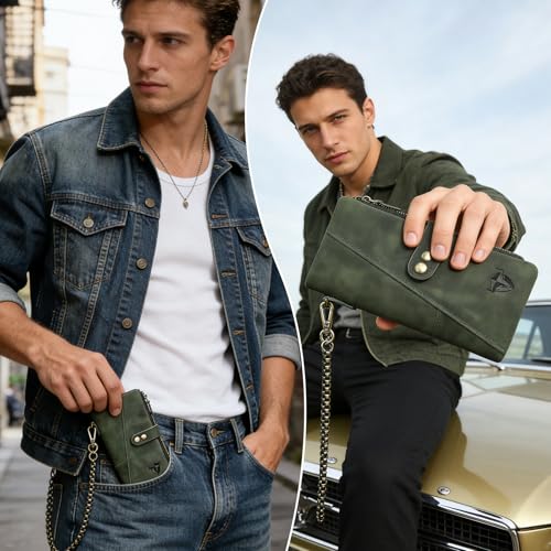 Image of Genuine Crazy Horse Leather Travel Gift Coin Pocket Card Case Long Organizer Chain Rfid Wallet Purse With Snap For Men Male 1803 1815 (1803 The Green2)