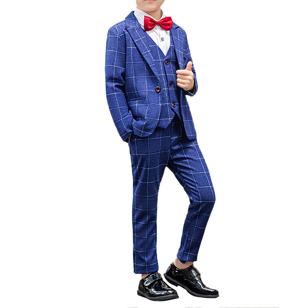 Traje de Boda para Niño,Trajes de Esmoquin de Caballeros para Fiesta Ceremonia Bautizo,Elegante Conjunto de 5 Piezas de Traje Formal a Cuadros Chaqueta+Chaleco+Camisa+Pajarita+Pantalones