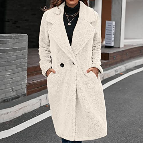 Huankd Sherpa Jacket Women, Wool Trench Coat Women Pink Fleece Jacket Fur Cheetah Coat Women's Mid-Length Double-Breasted Pocket Lapel Cardigan Lambswool Windbreaker Jacket Oversized (L, White) #TOP1