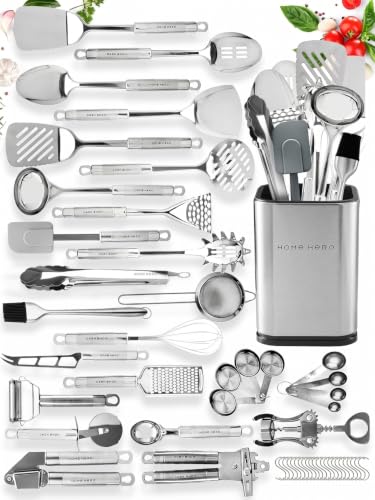 Home Hero 54-Piece Stainless Steel Kitchen Utensils Set - Heat-Resistant Nonstick Silicone & Stainless Steel Cooking Utensils - Complete Tools with Slotted Spoon & Pasta Spoon - Pack of 54, Silver