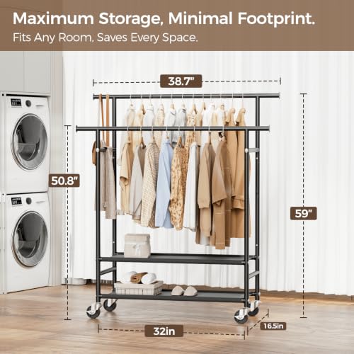 HYSEYY Double Rods Rolling Clothes Rack with 2-Tier Shelves - image 4