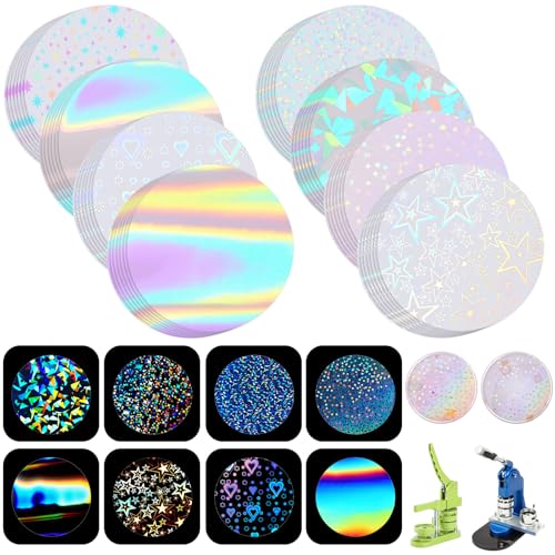200 Pcs Badge Protective Film 70mm (2.76 in) 8 Styles of Holographic Glitter Badge Film for 2.25 Inch 58mm Button Maker Machine 58mm Button Making Supplies