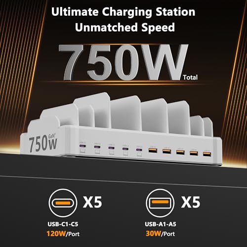 Image of 750W Charging Station for Multiple Devices, Zobirez 10-Port Fast Charger