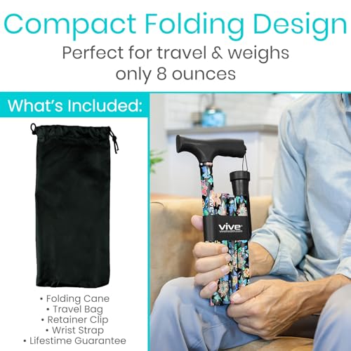 image for Vive Folding Cane - Foldable Walking Cane for Men, Women - Fold-up, Co
