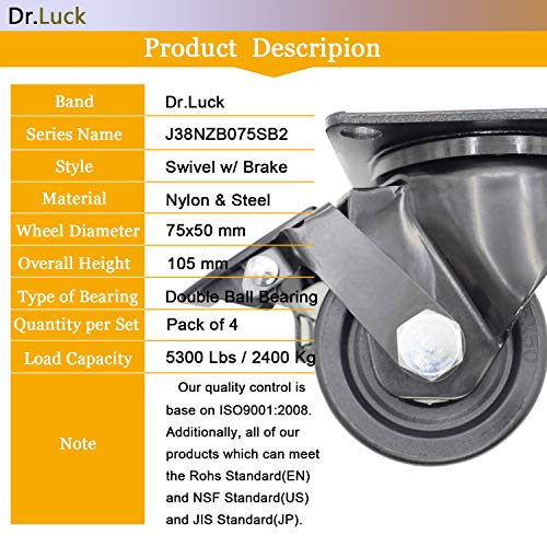 Dr.luck 3 Inch Black Swivel Casters With B2 Brake And 50Mm Width Hi-Temp Nylon Wheels,Double Ball Bearing,Low Center Of Gravity,Thick Bracket,Heavy Duty Caster Total Load Capacity 5300 Lbs Pack Of 4 #TOP1