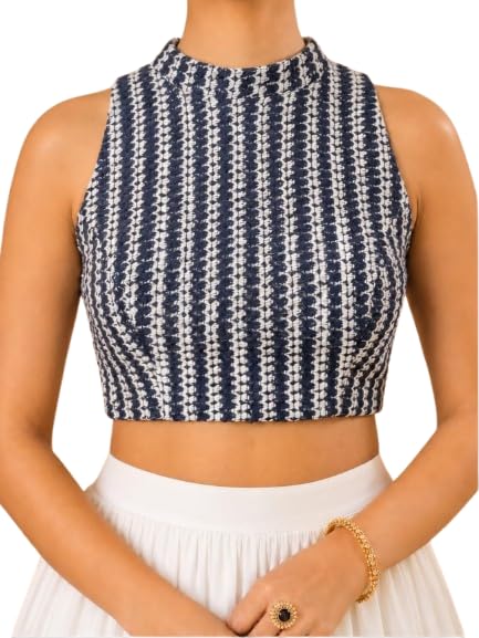 Image of Vamas Women's Net Saree Blouse | Padded Sleeveless Back Open Designer Blouse | ReadymadeEthnic Blouse with Tie-Up Back for Women