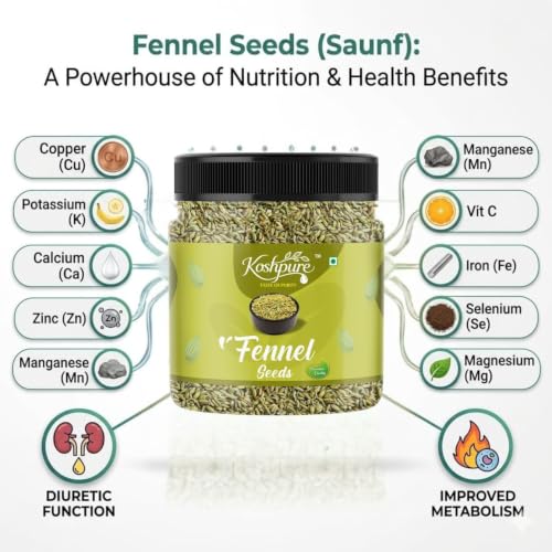 Image of KOSHPURE Premium Plain Fennel Seeds (Saunf) 1kg | Whole Sabut Saunf | Natural Mouth Freshener | Aromatic Indian Spice for Cooking, Seasoning & Herbal Infusions | Authentic Taste & Strong Aroma