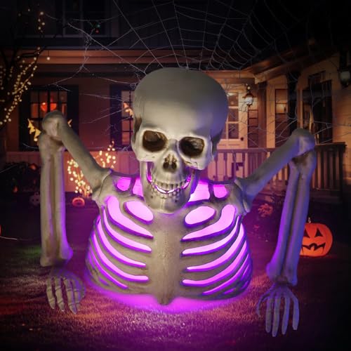 Realistic Halloween Skeleton with Different Light Colors, Holiday Party Home Haunted House Yard Art, Indoor Lawn Stakes Garden Halloween Skeleton Decoration