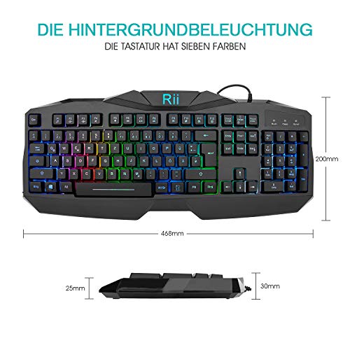 Rii RK400 Gaming Tastatur und Maus Set, LED Hintergrundbeleuchtung QWERTZ (DE-Layout), Regenbogen Farben Beleuchtete USB Wasserdicht Tastatur und Maus mit 2400 DPI für Pro PC Gamer - Image 5