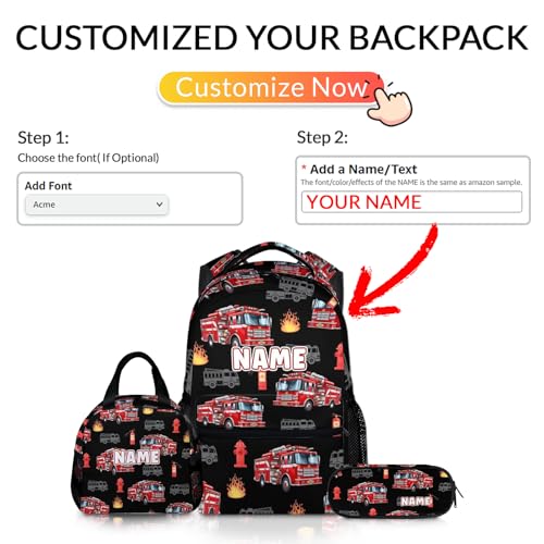 School Backpack for Kids, Set of 3 Custom Fire Truck Backpacks for Boys Kindergarten Elementary Primary Middle College. 17 Inch Personalized Durable Cool Bookbag for Travel3