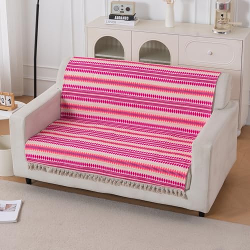 Image of HOKIPO 'Artisan Boho Series' Sofa Cover with Tassel for 2 Seater Sofa | 450 GSM Thick Cotton Acrylic Jacquard Fabric Sofa Cover, Size 152x120 cm, Fuchsia Pink (IN-908-A5)