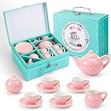 CHENP.HMC Tea Party Set for Little Girls, 13 Piece Sets Kids Tin Tea Party with Cups, Saucers, Plates & Serving Trays, Girls Birthday Gift (Pastel Polka Dots)