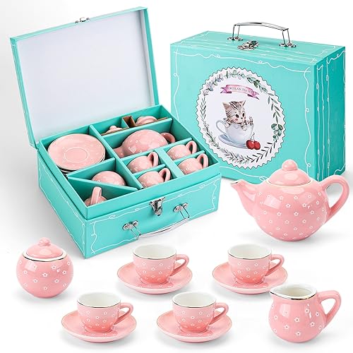 CHENP.HMC Tea Party Set for Little Girls, 13 Piece Sets Kids Tin Tea Party with Cups, Saucers, Plates & Serving Trays, Girls Birthday Gift (Pastel Polka Dots)