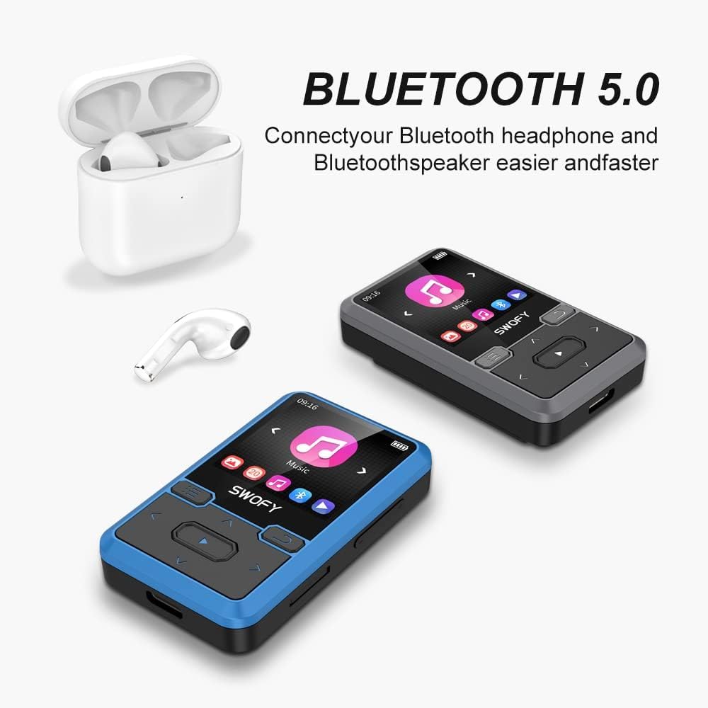 SWOFY Lettore MP3 Bluetooth 5.0 con clip sportiva, mini lettore musicale portatile da 32 GB, con cuffie, radio FM, contapassi, registrazione vocale, supporta scheda SD fino a 128 GB (blu)