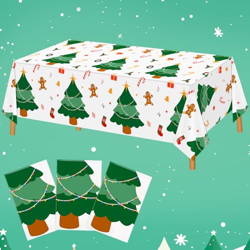 Image of Hxezoc 3 Pack Disposable Plastic Christmas Tree Tablecloth, 54 x 108 Inches Christmas Party Table Cover for Xmas Winter Holiday New Year Home Dinner Decorations
