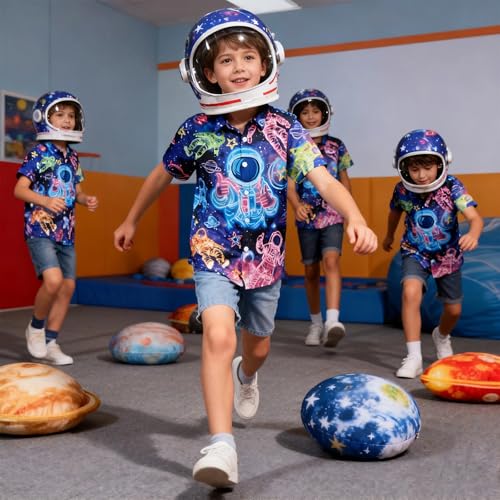 Image of uideazone Big Boys Funky Astronaut Shirts 3D Neon Space Printing Button Down Shirts UFO Short Sleeve Unqiue Blouse Beach Style Summer Wear Tops Size 13 Size 14