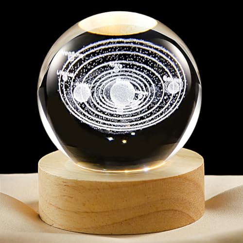 Image of 3D Solar System Crystal Ball Lamp with Dimmable LED and Wooden Base, Night Light for Kids Teens Adults, Home Desk Office Bedroom Decor, Birthday Gift (2.4 inch / 6cm)