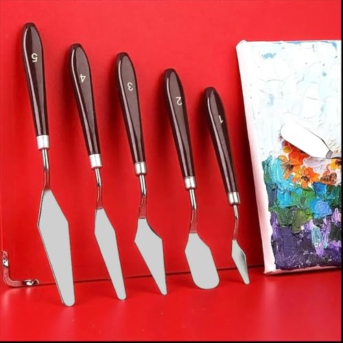 Image of GLUN Set of 5 Palette Knives for Painting, Various Size & Shape, Stainless Steel Spatula, Brown Number Polished Handle for Artist Canvas Oil Paint Color