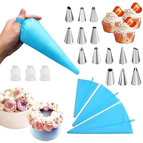 20 Pack Nozzles and Piping Bags Set with 3 Size Reusable Piping Bags/Icing Bag,with 3 Coupler,14 Stainless Steel Cake Piping Nozzles Tips Kits.Cupcakes/Cookies/Cream Decorating Kit Baking Supplies Cover