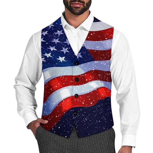 State US Flag Men's Suit Vests Business Formal Dress Vest V-Neck Waistcoat for Wedding Casual