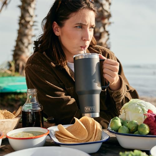 Image of YETI Rambler 42 oz Tumbler with Handle and Straw Lid, Travel Mug Water Tumbler, Vacuum Insulated Cup with Handle, Stainless Steel, Big Wave Blue