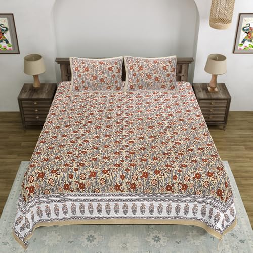 Image of Living Roots Jaipuri Hand Block Print Double Cotton Bedsheet & 2 Pillow Covers, for Mattress Upto 8 inches Thick, No Colour Bleeding, Red Colour, Super King Size 96 * 104 inches, 150TC (577-A)