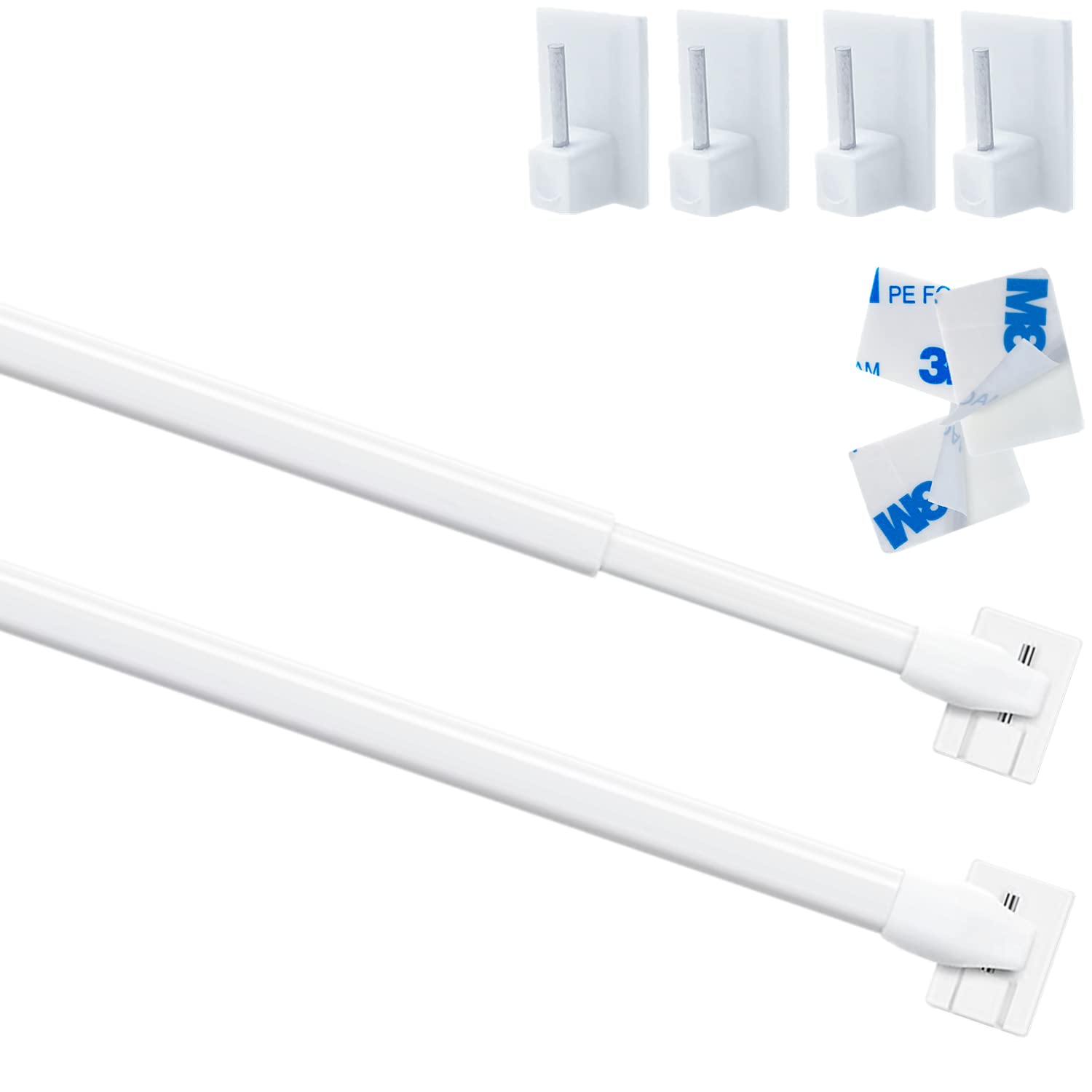 Venwemong 2Pcs Net Curtain Rods Extendable Curtain Rod with 6Pcs Plastic Sticky End Window Hook for Home Bathroom、Windows(30-50CM/12-19Inch,White)