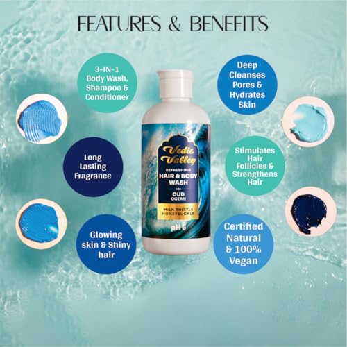 Image of VEDIC VALLEY Oud Ocean Hair & Body Wash with Milk Thistle and Honeysuckle | Paraben Free Body Wash for Men & Women Helps Reduce Hair Fall, Brightens Skin, Nourishes & Moisturizes Formula | 300 ml