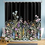 Lalumix Shower Curtain Black Floral, Flower Shower Curtains for Bathroom with 12 Hooks, Polyester Fabric Shower Curtain Sets Machine Washable Waterproof Modern Bath Curtain Decor
