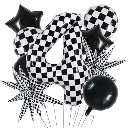 Image of TONIFUL 4th Birthday Balloons Kit 40 Inch Checkered Number 4 Foil Balloon