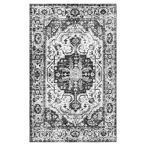 CAROMIO Machine Washable Rug, In & Outdoor Stain Resistant Vintage Area Rug Non-Slip Short Pile With Orient Design Carpet for Bedroom Living Room Dining Room Kitchen, 80 x 150 cm Grey Cover