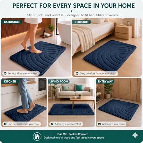 Image of Premium Memory Foam Bath Mat | 40x60cm Super Absorbent Velvet Bathroom Rug | Non-Slip Machine Washable Floor Mat (Denim Blue)