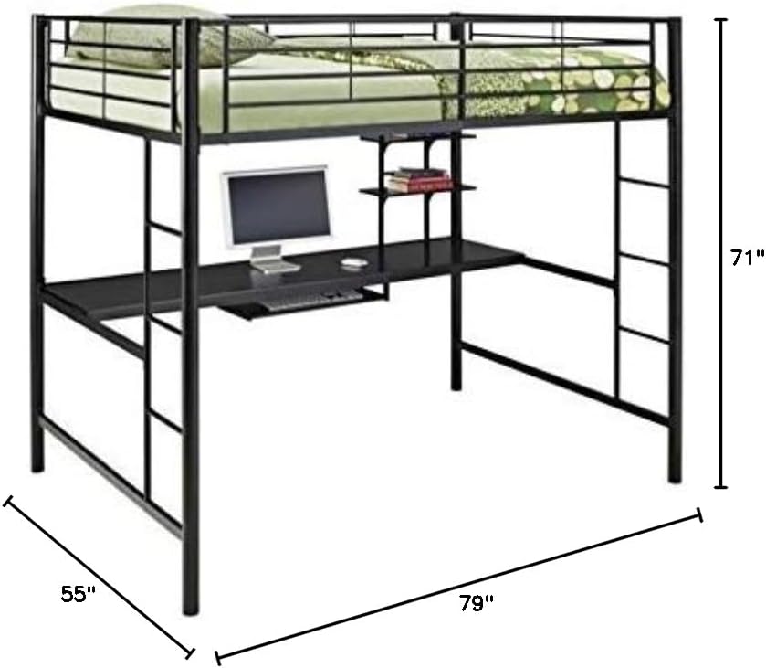 Pemberly Row Full Over Workstation Bunk Bed, Powder-Coated Steel Frame, Black Finish, 71" H x 79" W x 55" D, Integrated Ladder, Guardrails, Keyboard Tray, Shelving, Space-Saving Design for Bedroom