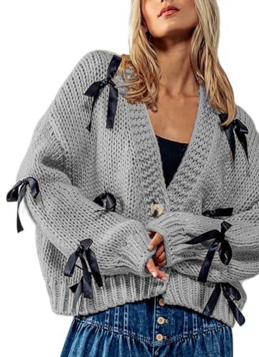 Image of Valentine's Day Cardigan Sweaters for Women Love Heart Print Button Down Cropped Cardigans Y2K Open Front Knit Sweater