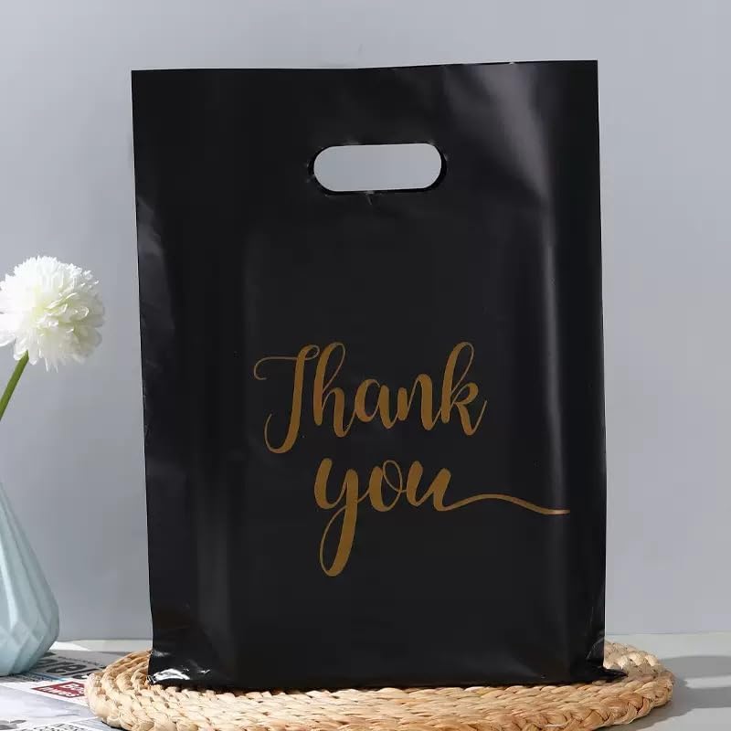  100 pieces of black thank-you shopping bags, 5.91 x 7.87 inches, plastic gift bags, with handles, suitable for small business retail stores, party and business gift bags. thumbnail