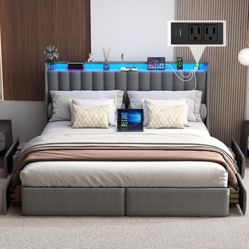Image of Queen Size Bed Frame with Upholstered Storage Headboard and 4 Drawers