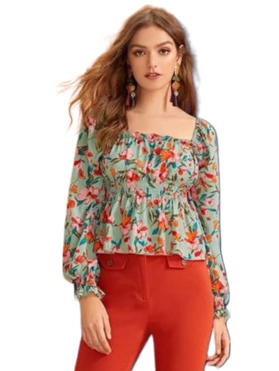 gosriki Women's Crepe Floral Printed Full Puff Sleeves Square Neck Top (Indi Green-GS)-picture-24